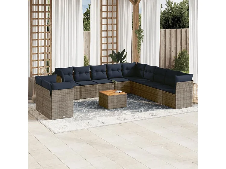 Salon de jardin avec coussins 12 pcs gris résine tressée