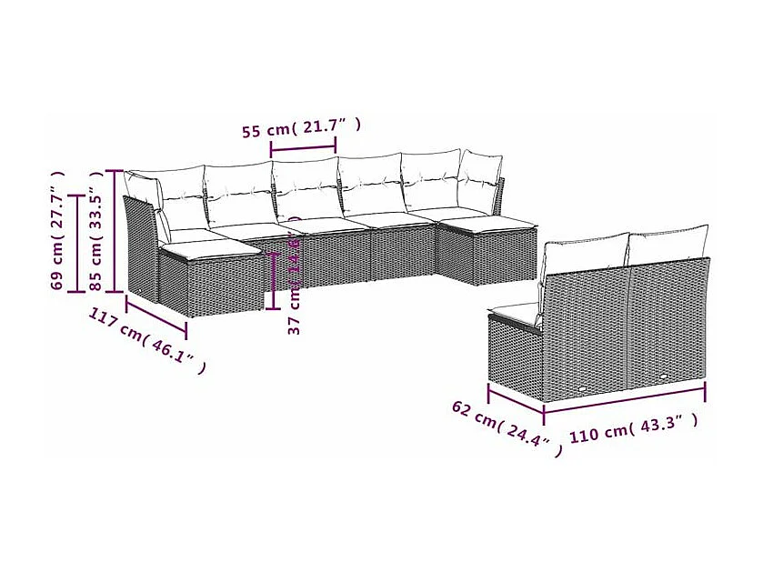 Salon de jardin 9 pcs avec coussins gris clair résine tressée