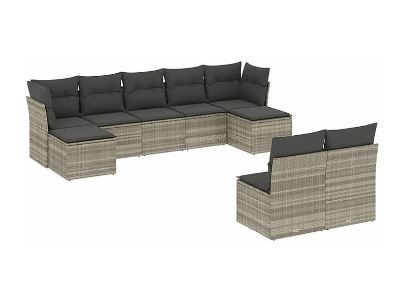Salon de jardin 9 pcs avec coussins gris clair résine tressée