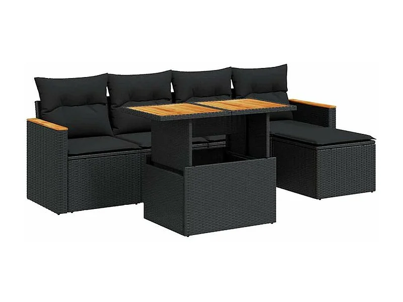 Salon de jardin 6 pcs avec coussins noir résine tressée acacia
