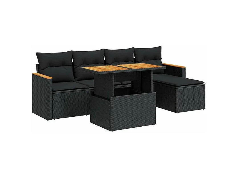 Salon de jardin 6 pcs avec coussins noir résine tressée acacia