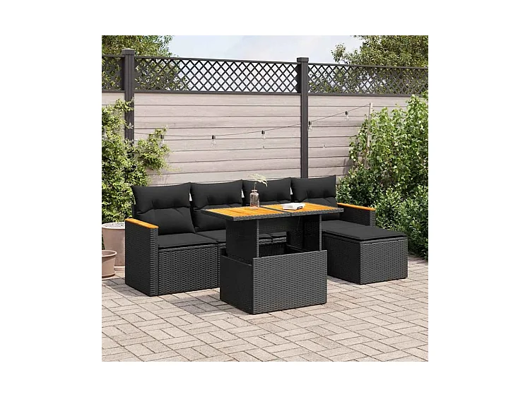 Salon de jardin 6 pcs avec coussins noir résine tressée acacia