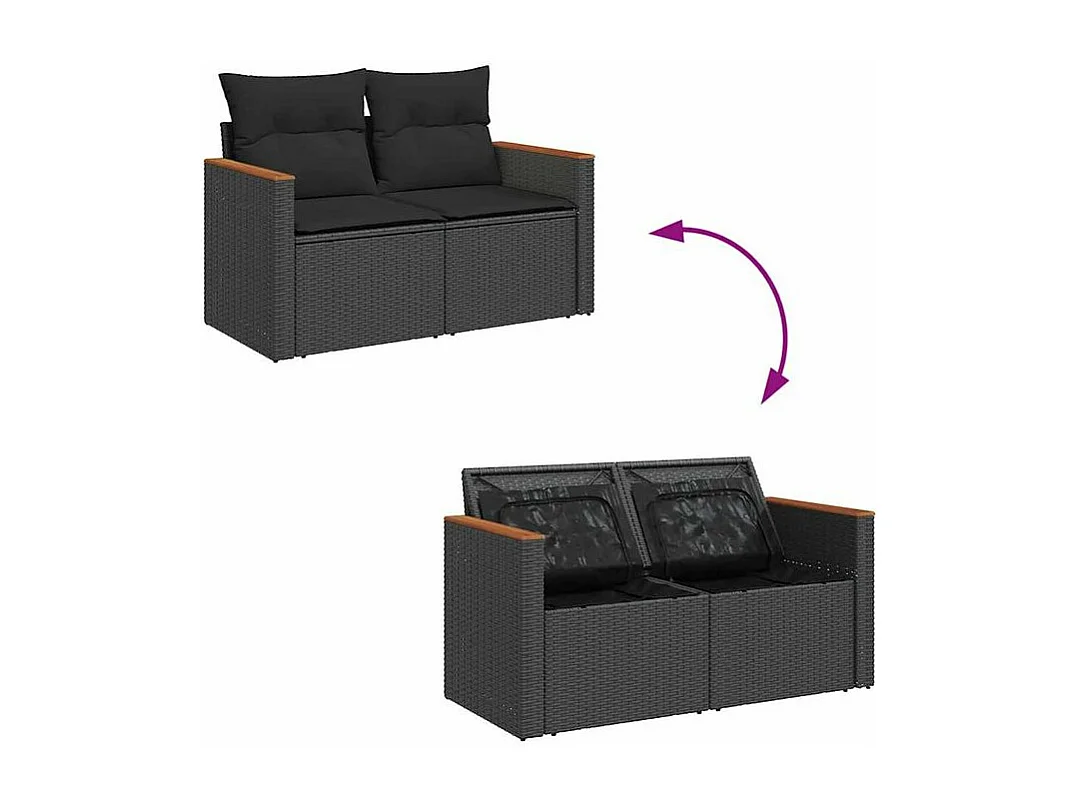 Salon de jardin 6 pcs avec coussins noir résine tressée acacia