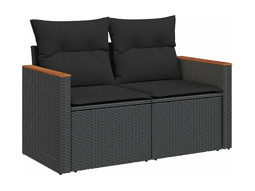 Salon de jardin 6 pcs avec coussins noir résine tressée acacia