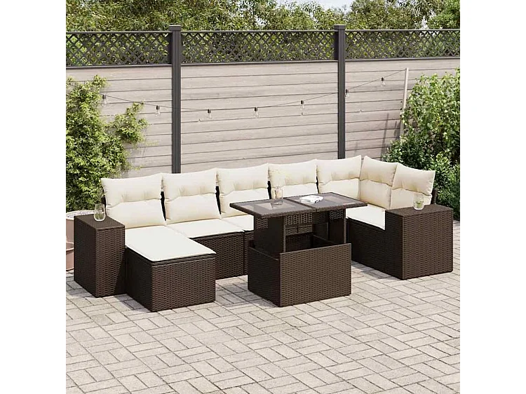 Salon de jardin 8 pcs avec coussins marron résine tressée