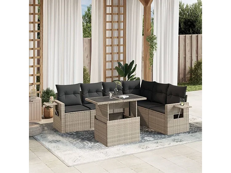 Salon de jardin avec coussins 7 pcs gris clair résine tressée