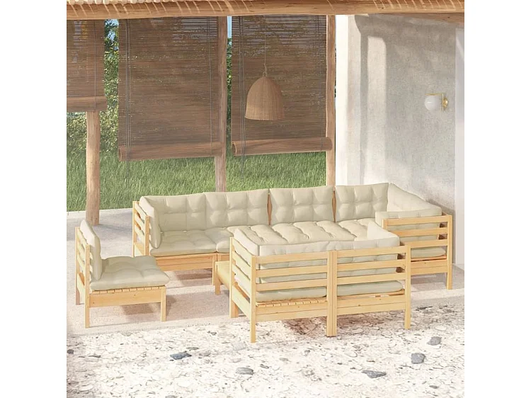 Salon de jardin 9 pcs avec coussins crème Bois de pin massif