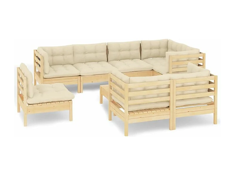 Salon de jardin 9 pcs avec coussins crème Bois de pin massif