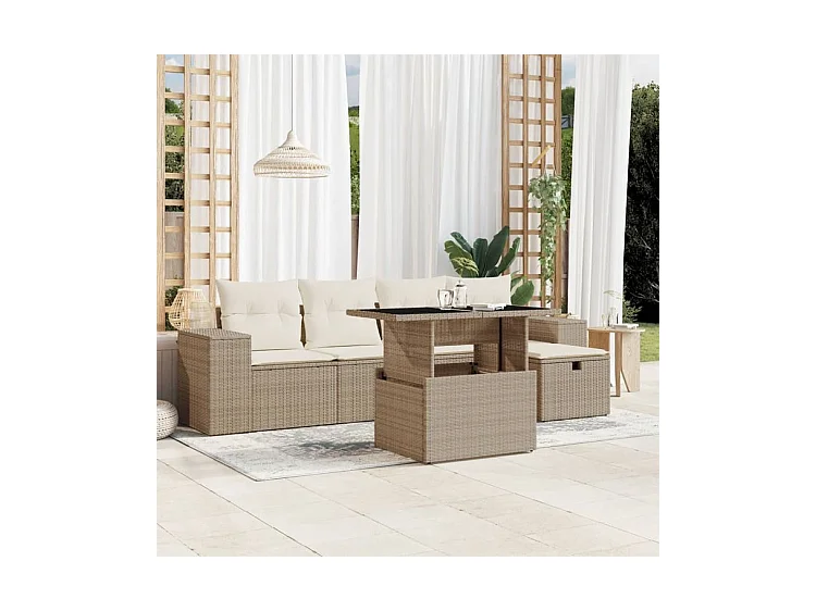 Salon de jardin avec coussins 6 pcs beige résine tressée