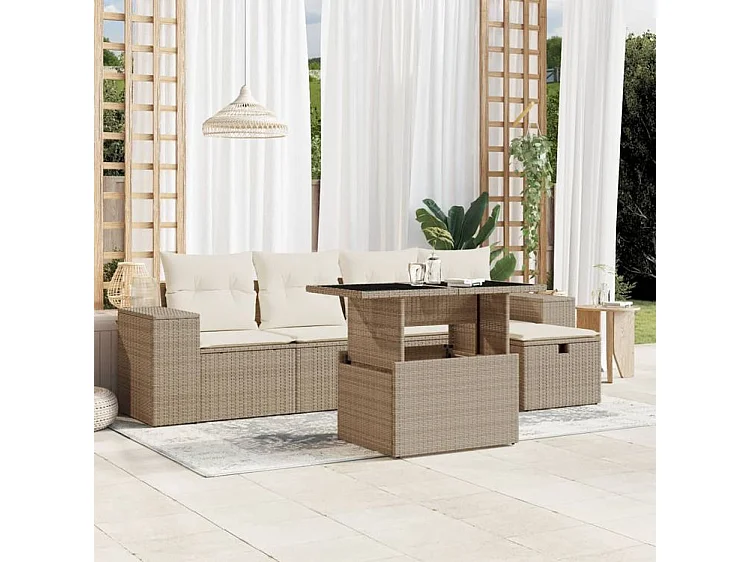 Salon de jardin avec coussins 6 pcs beige résine tressée