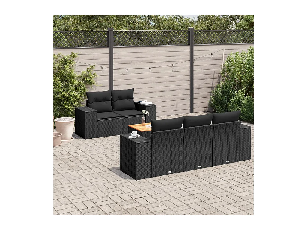 Salon de jardin 6 pcs avec coussins noir résine tressée
