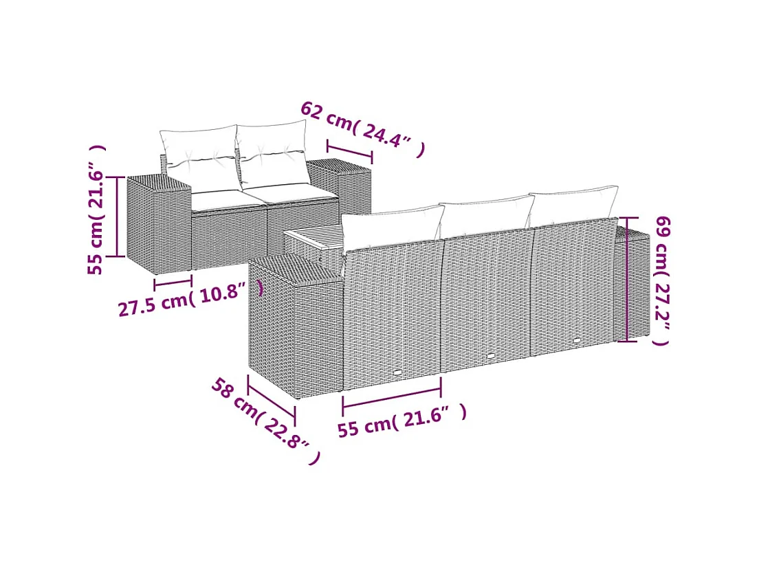 Salon de jardin 6 pcs avec coussins noir résine tressée
