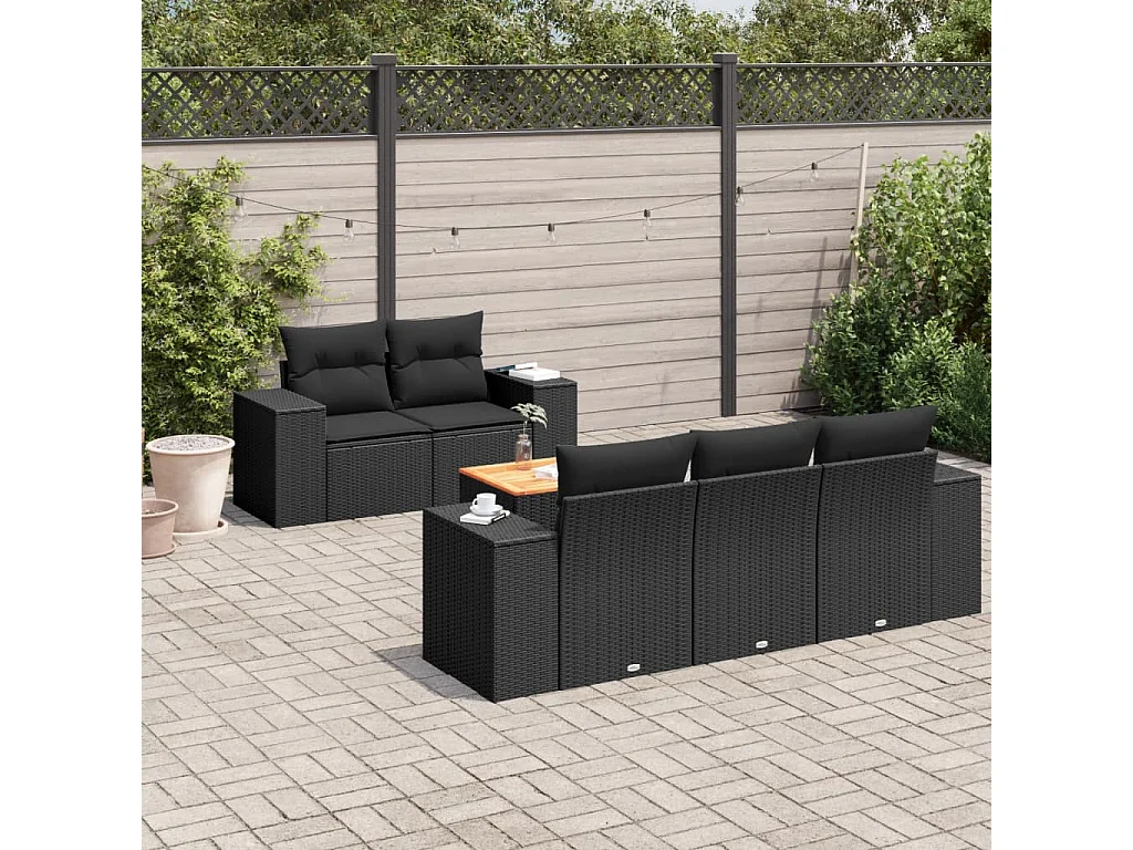 Salon de jardin 6 pcs avec coussins noir résine tressée