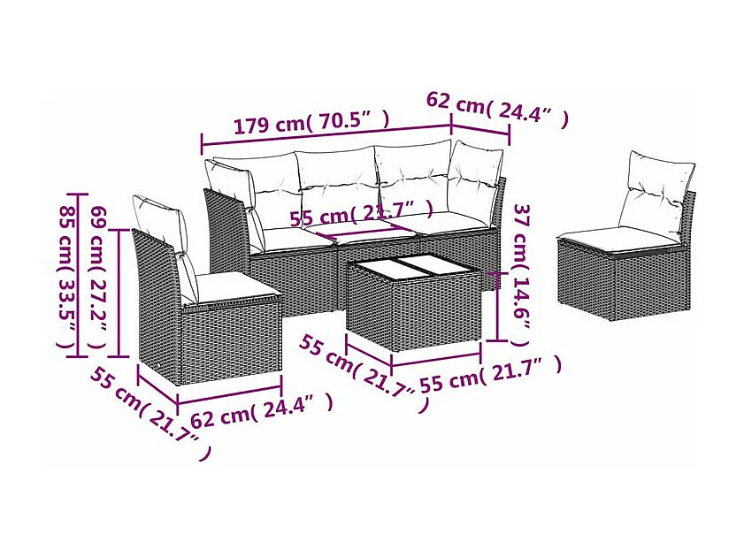Salon de jardin 6 pcs avec coussins gris clair résine tressée