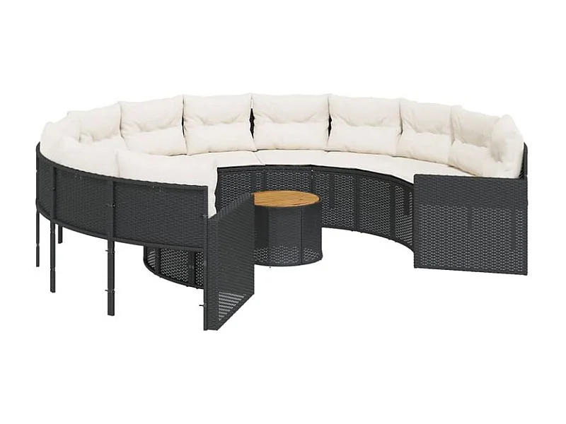 Canapé de jardin avec table coussins rond noir résine tressée