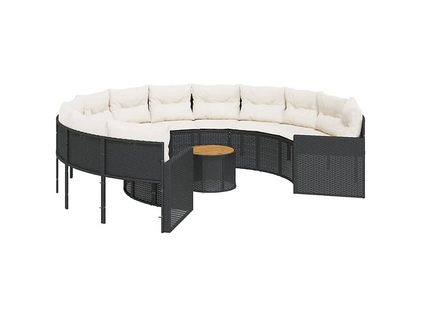 Canapé de jardin avec table coussins rond noir résine tressée