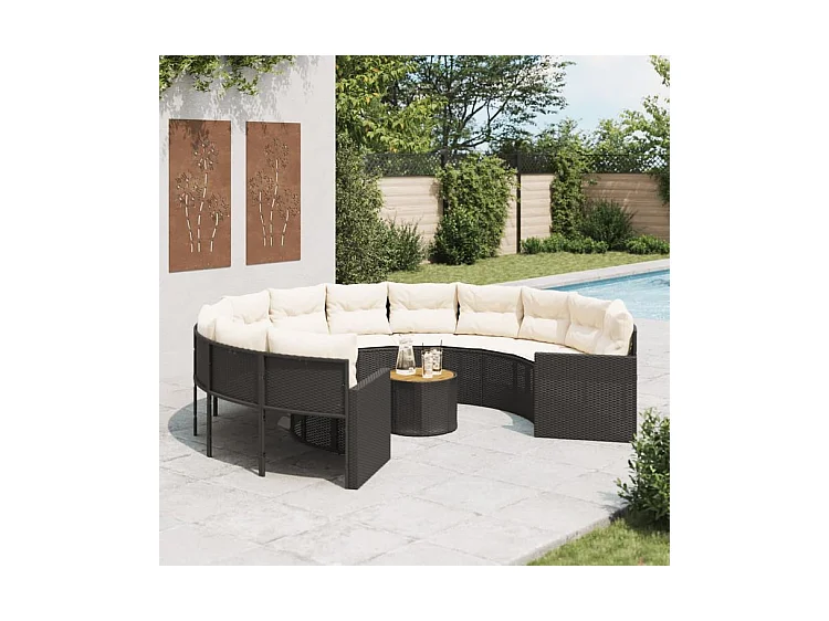 Canapé de jardin avec table coussins rond noir résine tressée