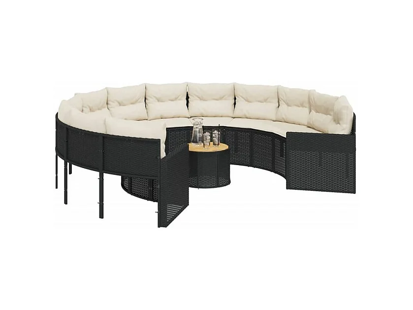 Canapé de jardin avec table coussins rond noir résine tressée