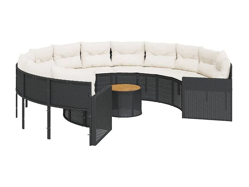 Canapé de jardin avec table coussins rond noir résine tressée