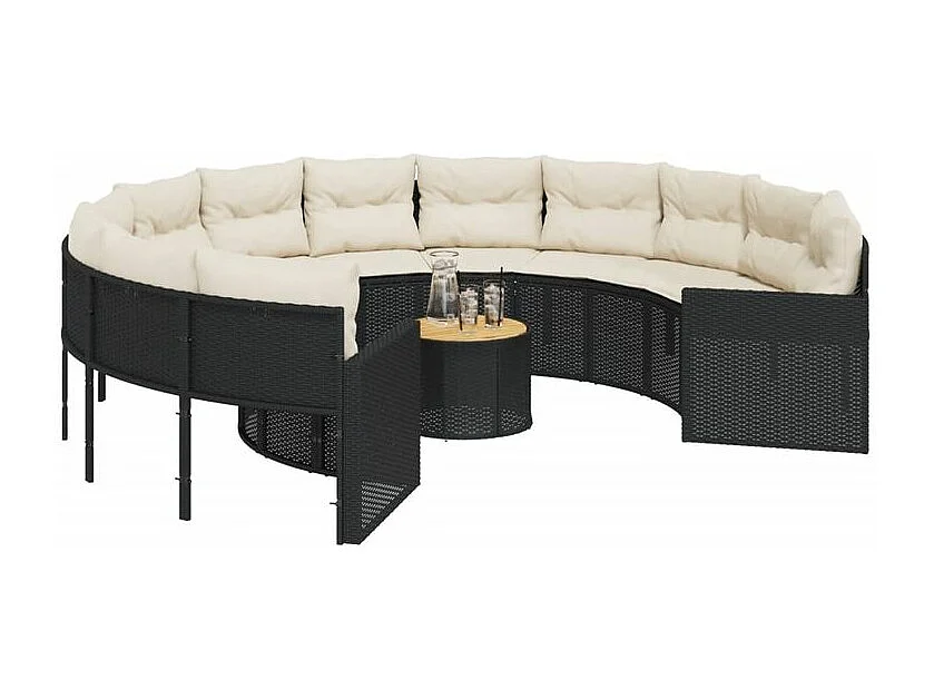 Canapé de jardin avec table coussins rond noir résine tressée