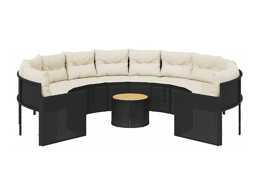 Canapé de jardin avec table coussins rond noir résine tressée