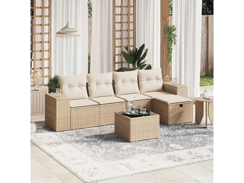 Salon de jardin avec coussins 6 pcs beige résine tressée