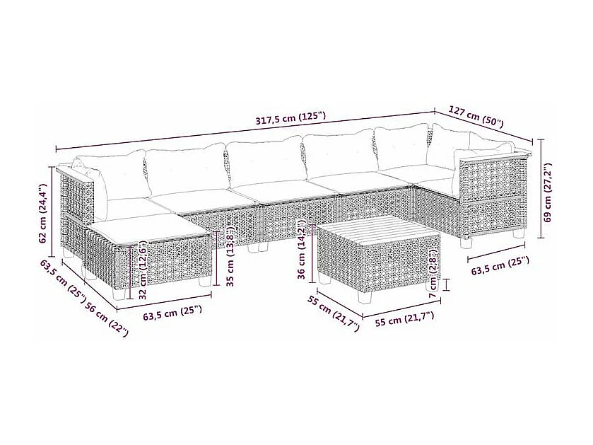 Salon de jardin avec coussins 8 pcs beige résine tressée