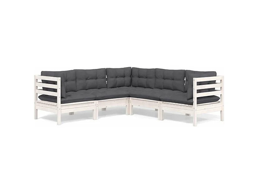 Salon de jardin 5 pcs avec coussins blanc bois de pin solide
