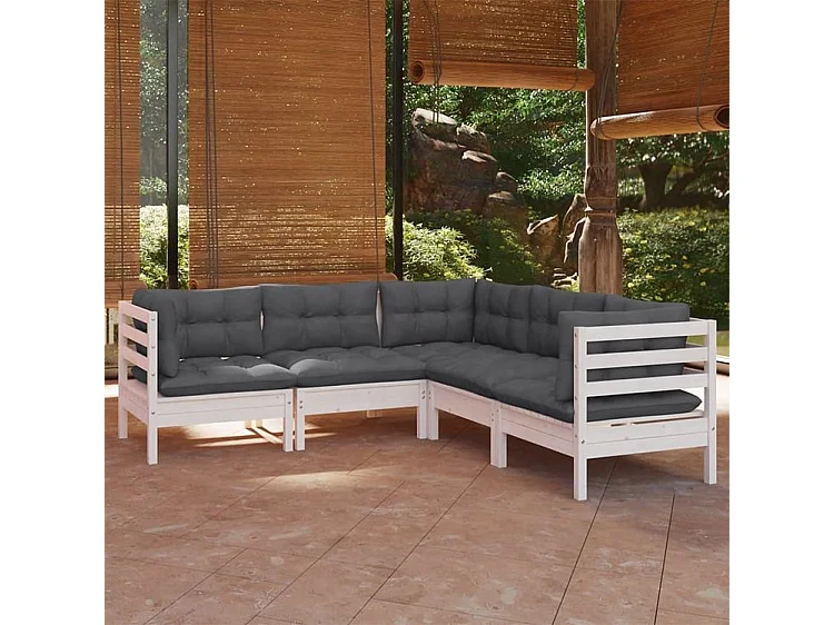 Salon de jardin 5 pcs avec coussins blanc bois de pin solide