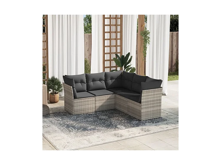 Salon de jardin 5 pcs avec coussins gris clair résine tressée