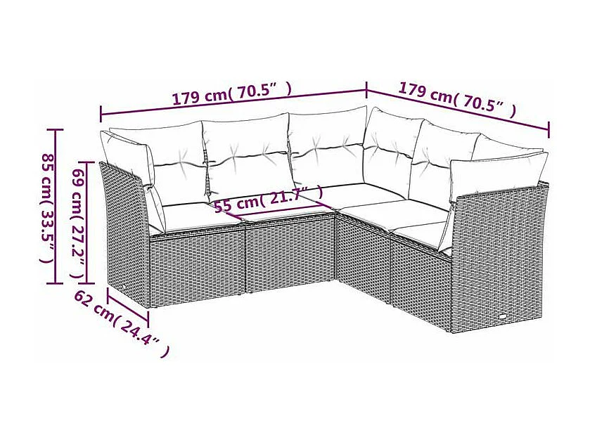 Salon de jardin 5 pcs avec coussins gris clair résine tressée