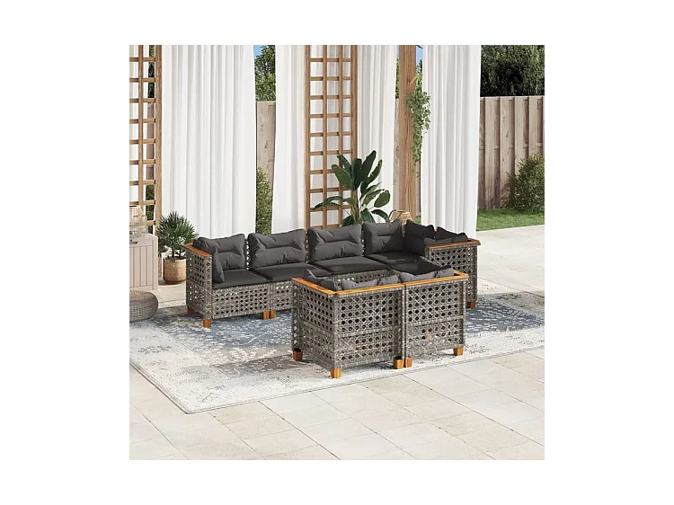 Salon de jardin avec coussins 7 pcs gris résine tressée