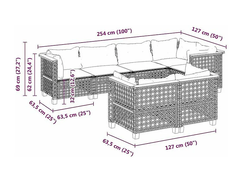 Salon de jardin avec coussins 7 pcs gris résine tressée