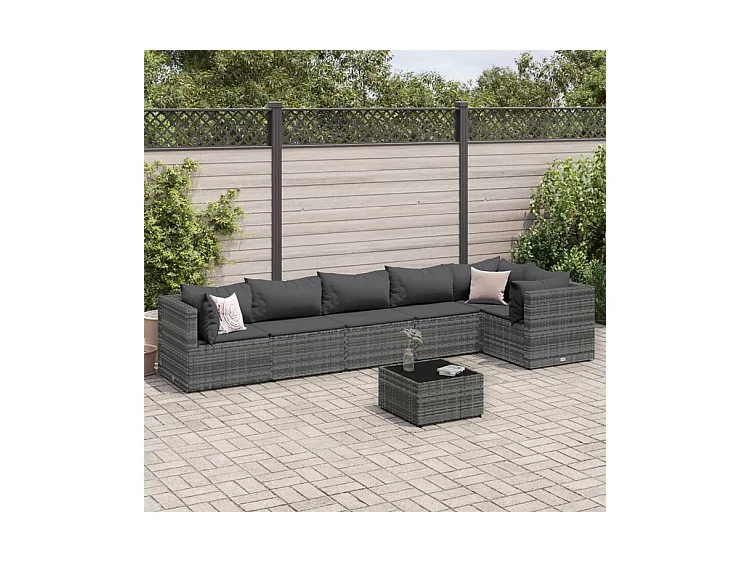 Salon de jardin 7 pcs avec coussins Gris Résine tressée