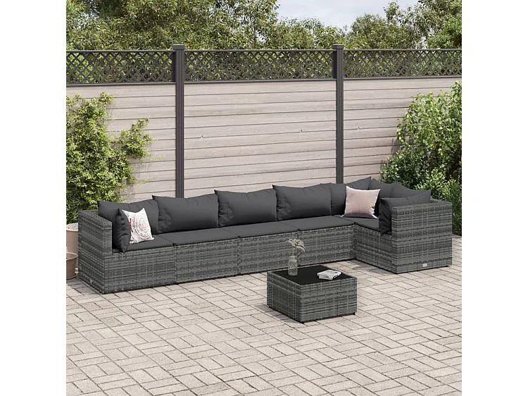 7-delige Loungeset met kussens poly rattan grijs