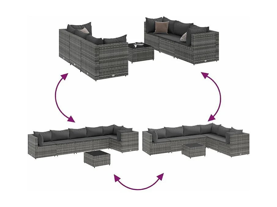 7-delige Loungeset met kussens poly rattan grijs