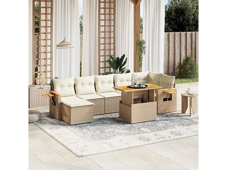 Salon de jardin avec coussins 8 pcs beige résine tressée