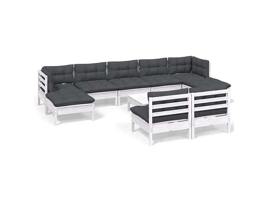Salon de jardin 10 pcs avec coussins blanc bois de pin