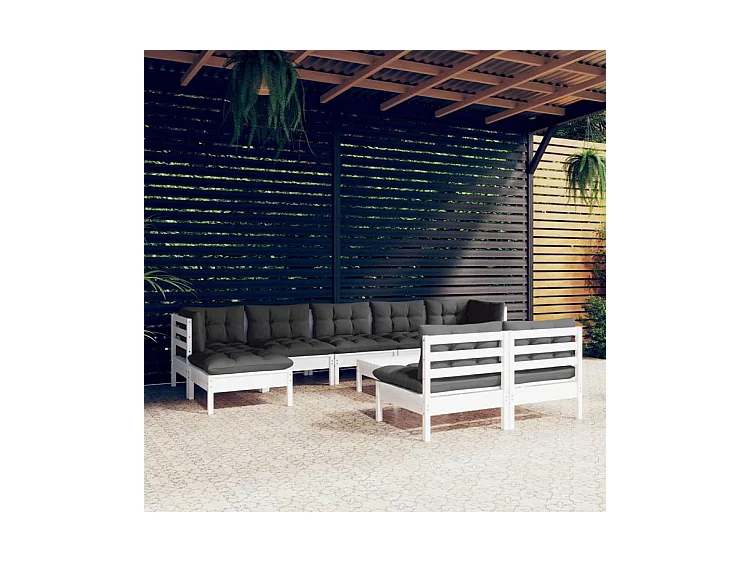 Salon de jardin 10 pcs avec coussins blanc bois de pin