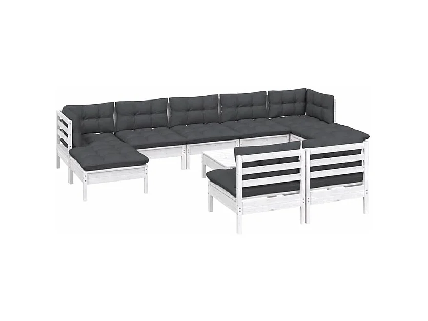 Salon de jardin 10 pcs avec coussins blanc bois de pin