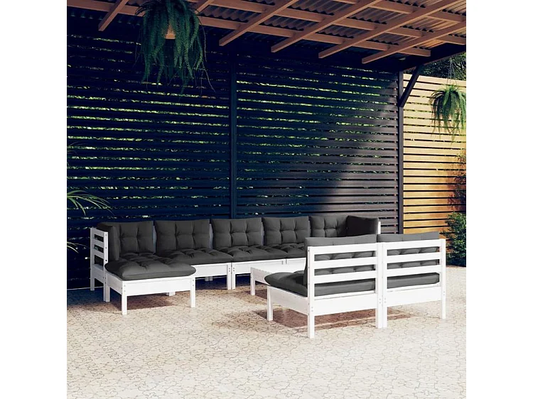 Salon de jardin 10 pcs avec coussins blanc bois de pin