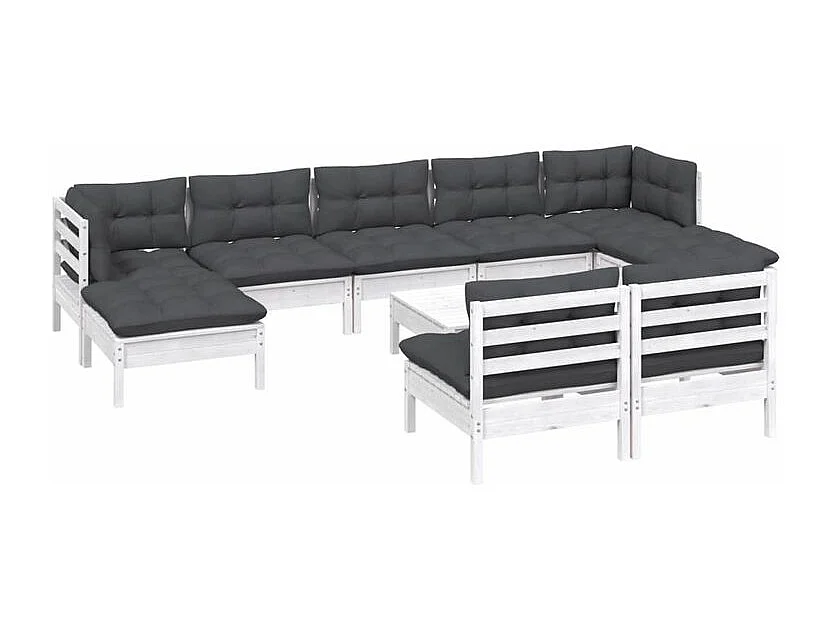 Salon de jardin 10 pcs avec coussins blanc bois de pin