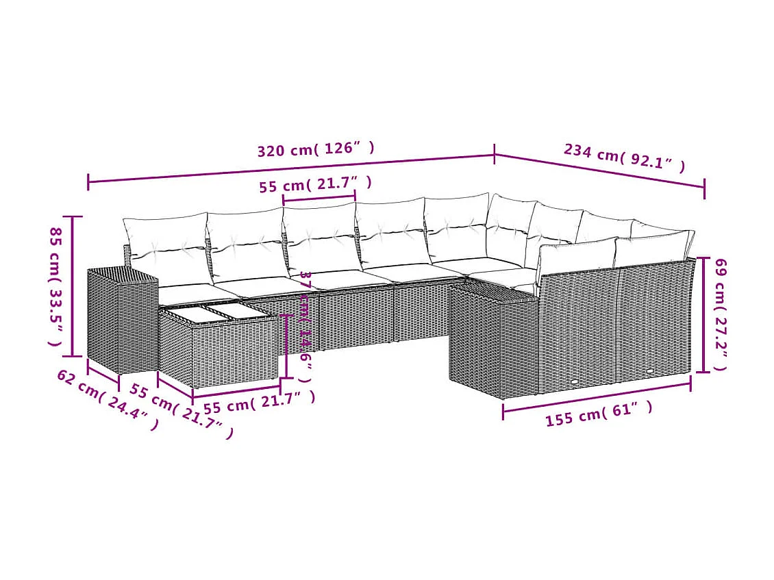 Salon de jardin avec coussins 10 pcs beige résine tressée