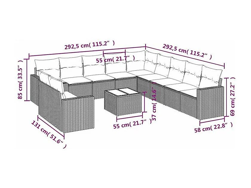 Salon de jardin avec coussins 12 pcs gris clair résine tressée