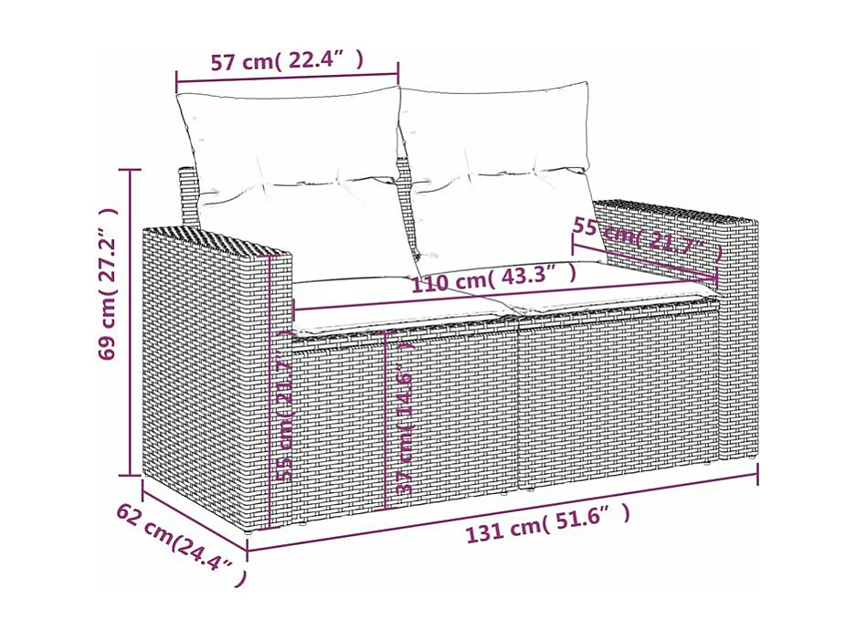 Canapé de jardin 2 places et coussins gris clair résine tressée