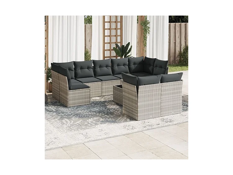 Salon de jardin avec coussins 10 pcs gris clair résine tressée