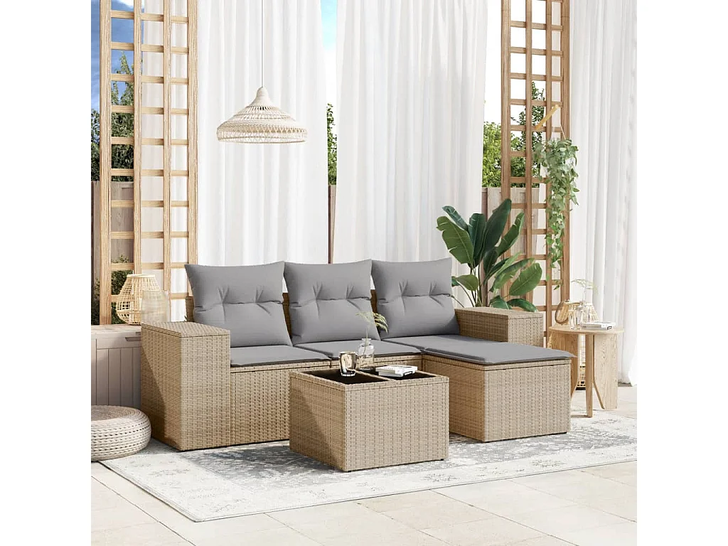 Salon de jardin avec coussins 5 pcs beige résine tressée