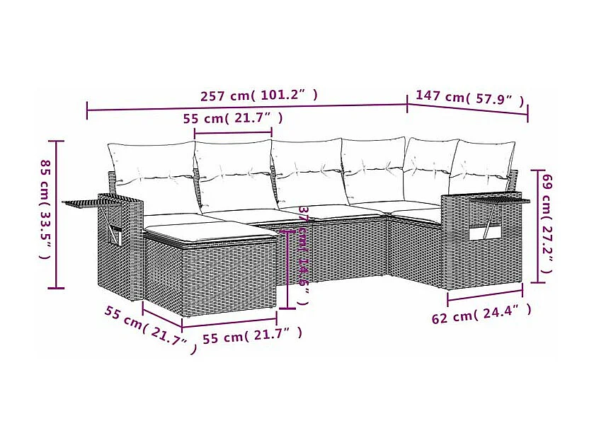 Salon de jardin 6 pcs avec coussins gris clair résine tressée