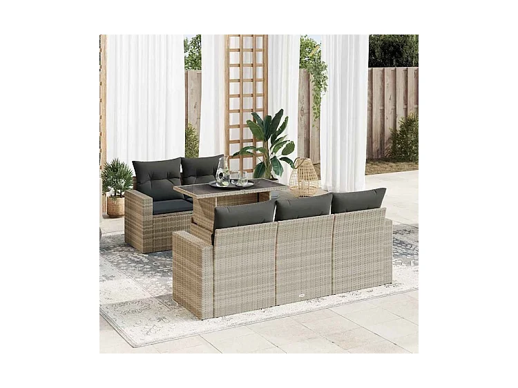 Salon de jardin 6 pcs avec coussins gris clair résine tressée