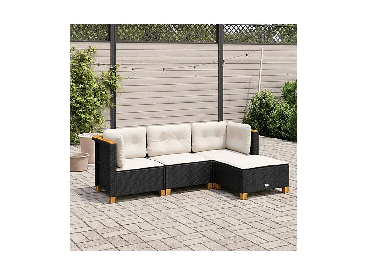 Salon de jardin 4 pcs avec coussins noir résine tressée